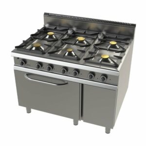 Cocina a gas con horno GN2/1 de 6 fuegos 2x8,3+4,3+2x10 Kw Serie 900 JUNEX con medidas 1200x900x900h mm F09C601