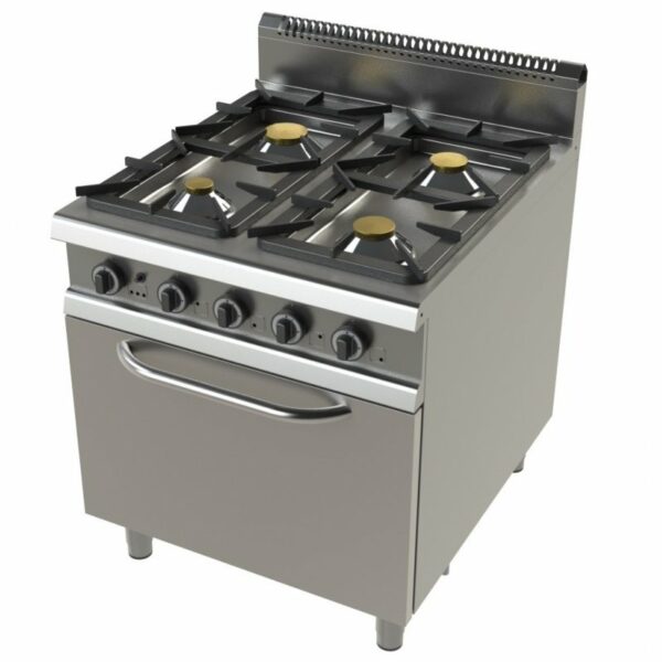 Cocina a Gas con horno GN2/1 de 4 fuegos 4,3+8,3+10+8,3 Kw Serie 900 JUNEX de 800x900x900h mm FO9C401