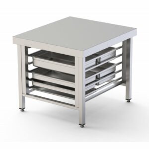 Mesa de Soporte Acero Inoxidable Para Hornos Con 6 Bandejas de 600x400 mm 850x850x700h mm