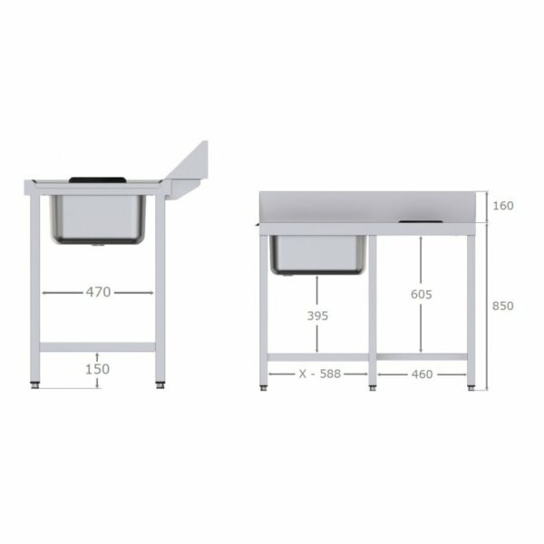 Mesa Prelavado de Acero Inoxidable Para Lavavajillas Con 1 Cubeta de 500x400x250 mm