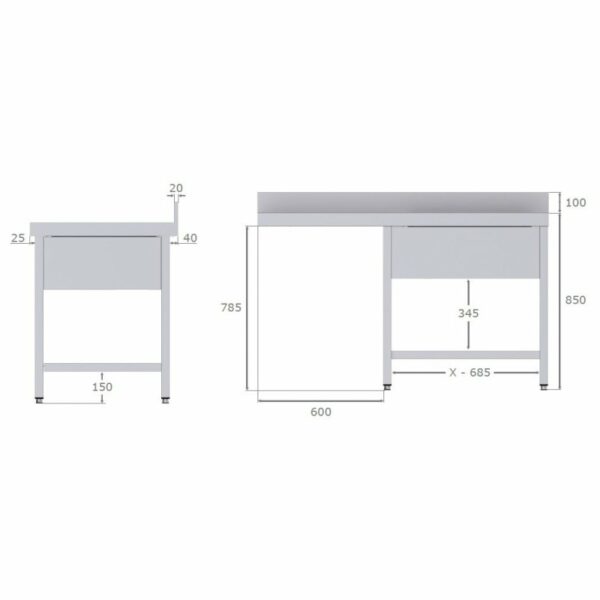 Fregadero Industrial Para Lavavajillas Acero Inoxidable Con 2 Cubas y Escurridor Con Mueble