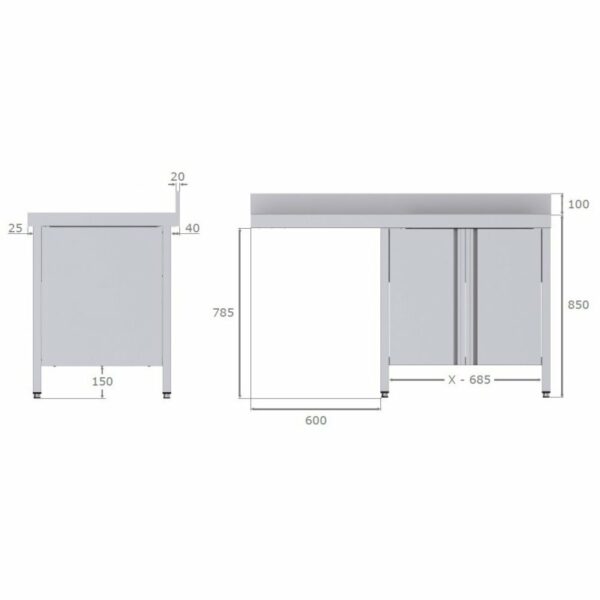 Fregadero Industrial Para Lavavajillas Acero Inoxidable Con 1 Cuba y Escurridor Con Mueble con Puertas